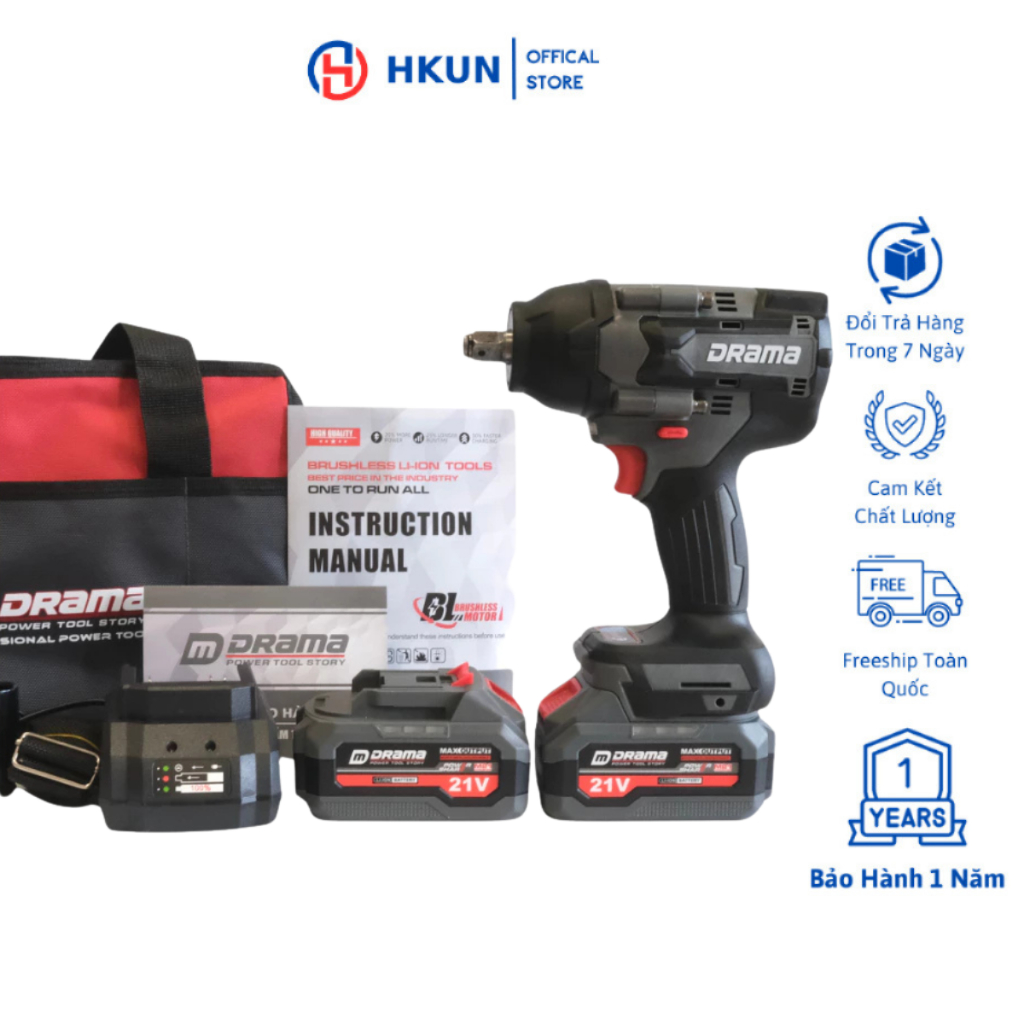 Máy Siết Bulong DRAMA 21V Model: 5598 FLEX Lực Siết 800Nm Động Cơ Không Chổi Than Chân Pin Phổ Thông