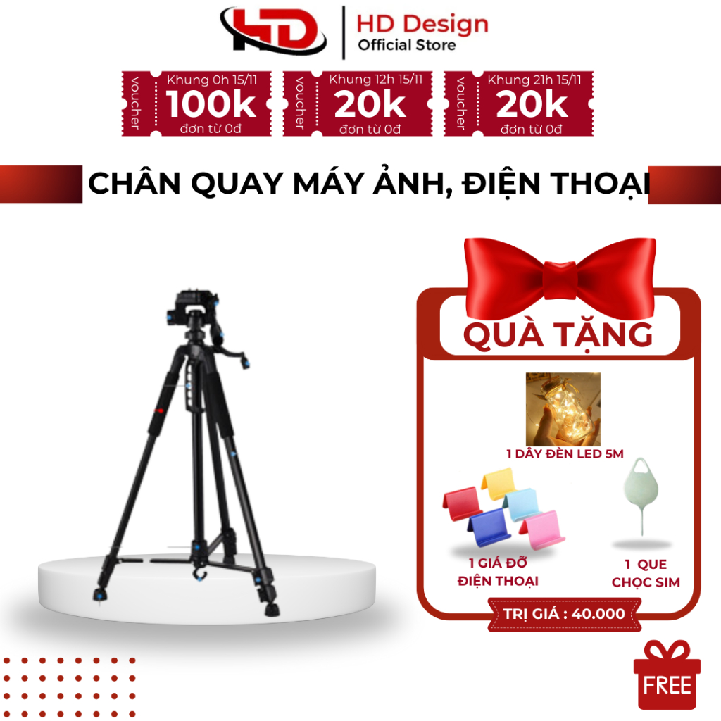 Chân Máy Ảnh, chân máy Tripod 3520,Chân Quay Video Hỗ Trợ Quay 360°-Kích Thước 55-145cm - HD Design