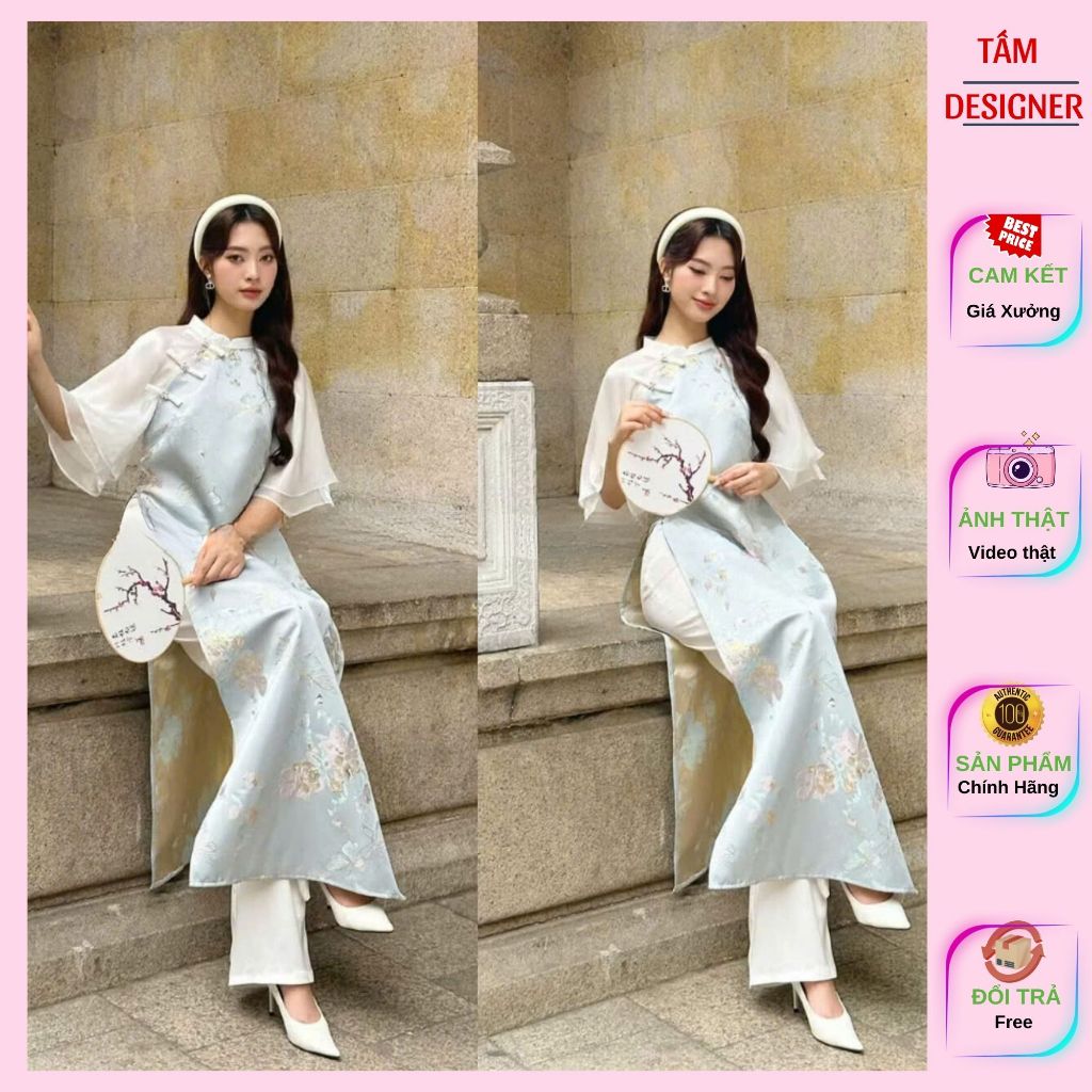 Áo dài Thanh Điệp gấm tafta, áo dài cách tân gấm thêu hoa kèm quần,Áo dài nhiều màu sang chảnh cho các nàng áo dài tết