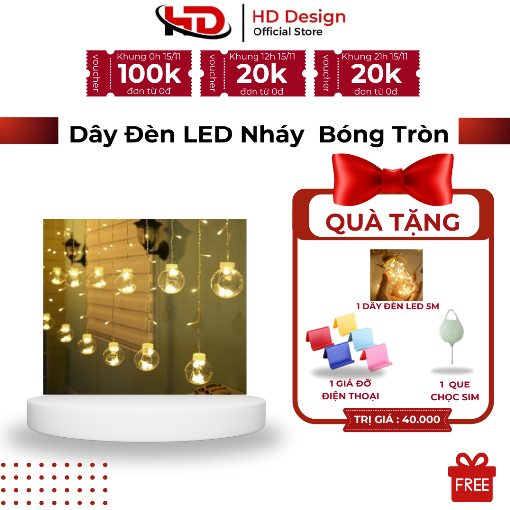 Dây Đèn LED Nháy Hình Bóng Tròn Treo Thả 12 Quả Cầu Pha Lê Trong Suốt - Đèn Treo Trang Trí Không Gian Đẹp Mắt