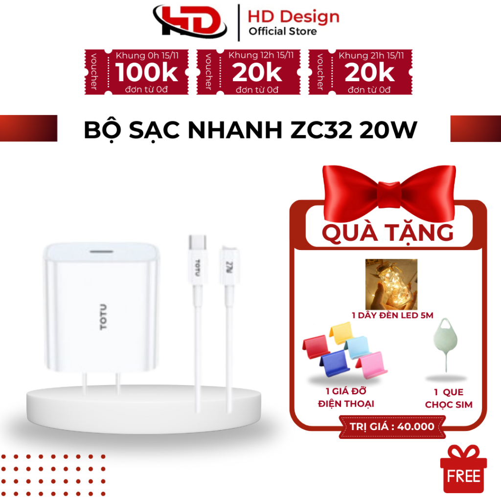 Bộ Sạc Nhanh ZC32 20w- Sạc Nhanh - Không Nóng Máy - Chính Hãng HD Design