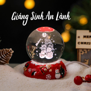 Combo Hộp Quà Giáng Sinh 2024 Quả Cầu Pha Lê Kèm Đế Đèn LED Phát Sáng Decor Trang Trí Để Bàn Noel