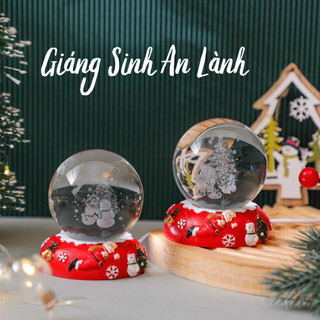 Combo Hộp Quà Giáng Sinh 2024 Quả Cầu Pha Lê Kèm Đế Đèn LED Phát Sáng Decor Trang Trí Để Bàn Noel