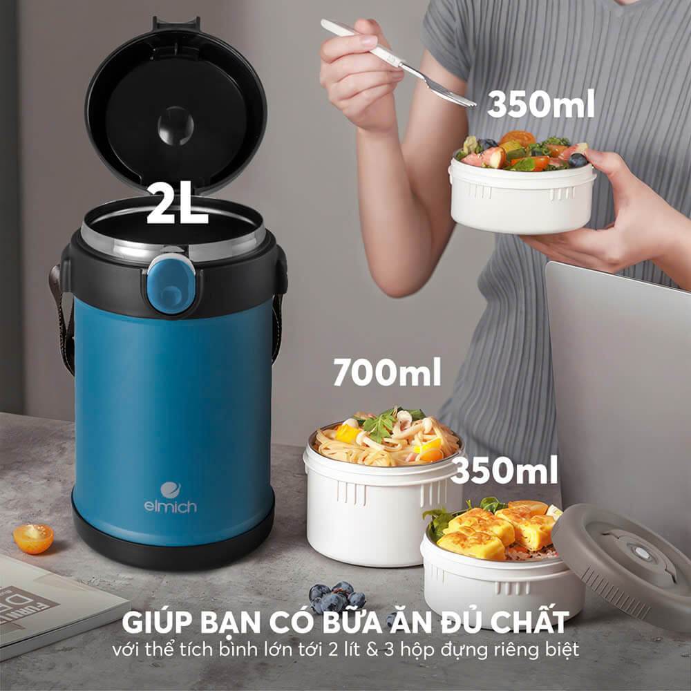 Hộp Cơm Giữ Nhiệt Elmich 8303 2L Inox 304, 3 Ngăn Rời + 1 Ngăn Chính, Giữ Nhiệt Lâu, Dùng Văn Phòng