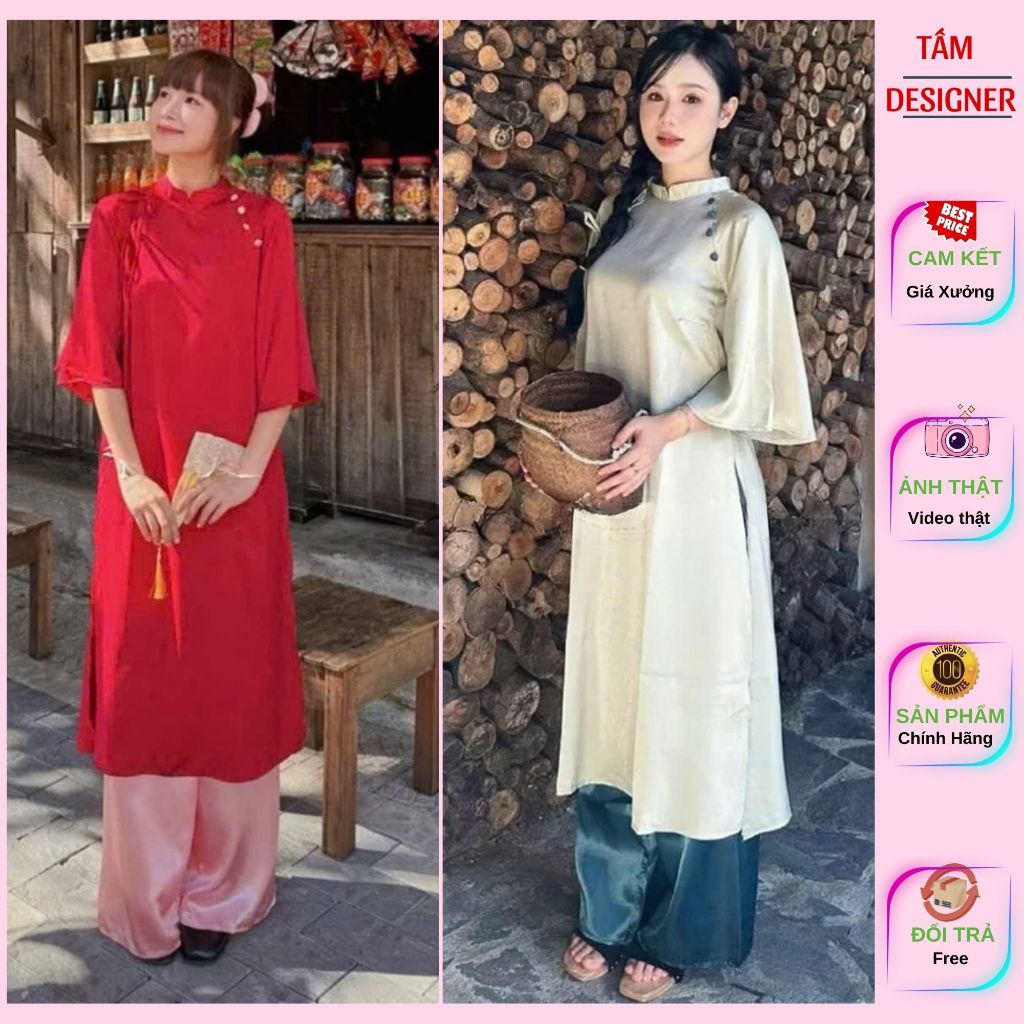 Áo dài Vân Du lụa trơn kèm quần lụa, áo dài cúc bọc cổ buộc nơ vải trơn kèm quần