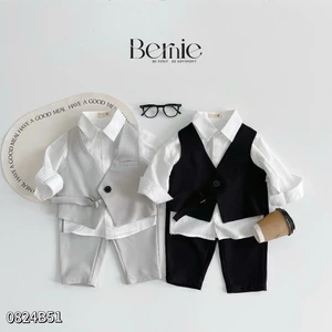 Bộ gile vest phối sơ mi bé trai, set gile phối dây đai cá tính phối áo sơ mi trắng dài tay bé trai