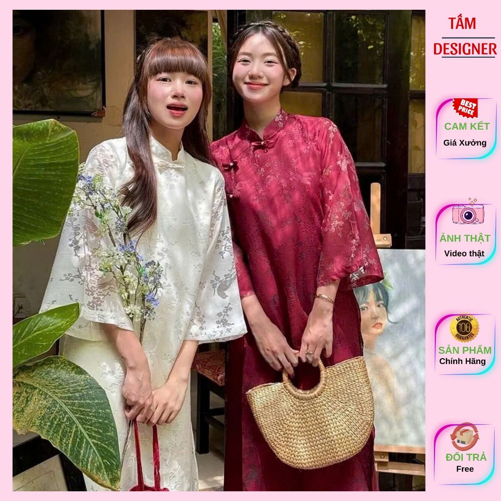 Áo dài Mẫn Sương vải tơ cổ tàu nẹp lệch khuy tàu, kèm quần