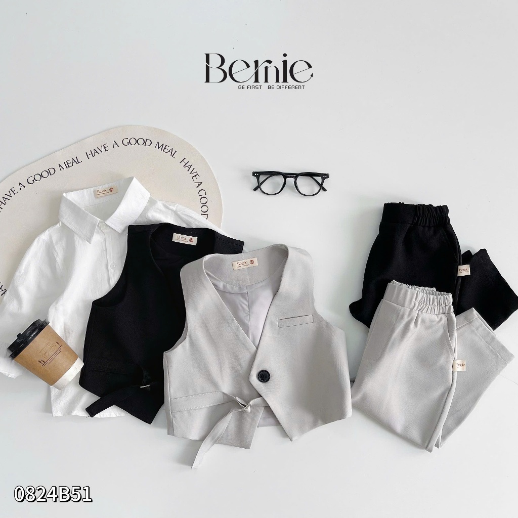 Bộ gile vest phối sơ mi bé trai, set gile phối dây đai cá tính phối áo sơ mi trắng dài tay bé trai