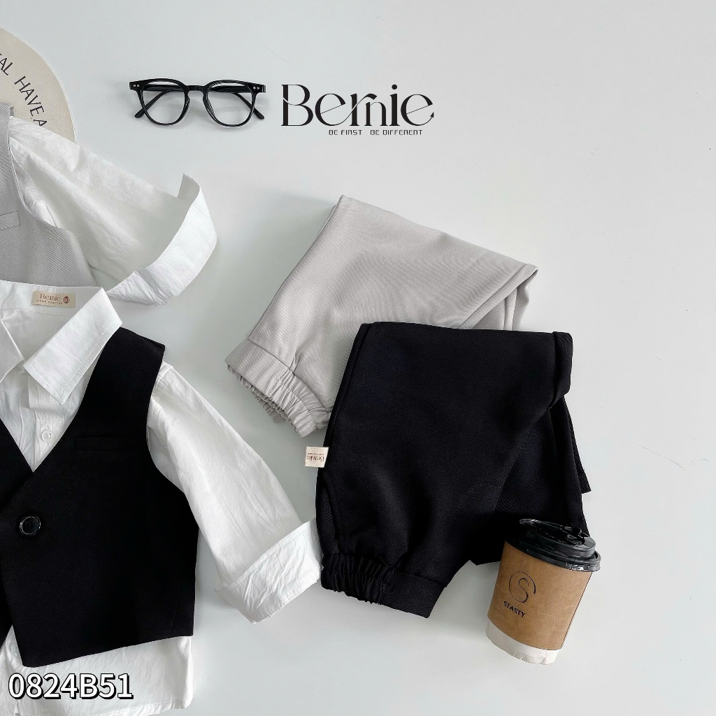 Bộ gile vest phối sơ mi bé trai, set gile phối dây đai cá tính phối áo sơ mi trắng dài tay bé trai