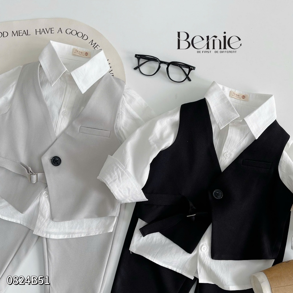 Bộ gile vest phối sơ mi bé trai, set gile phối dây đai cá tính phối áo sơ mi trắng dài tay bé trai