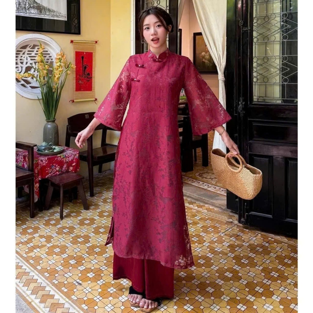 Áo dài Mẫn Sương vải tơ cổ tàu nẹp lệch khuy tàu, kèm quần