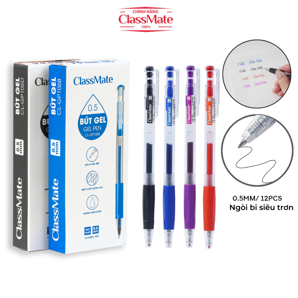 Hộp 12 Bút Bi CLASSMATE Ngòi 0.5mm, Bút Bi Gel Bấm Mực Đều Viết Siêu ...