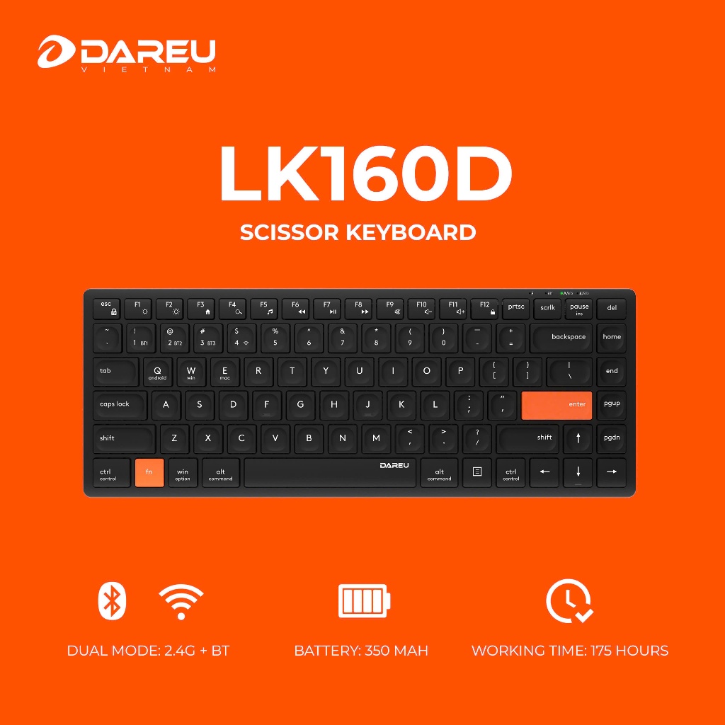 Bàn phím không dây DAREU LK160D Slim - giảm tiếng ồn (Dual Mode 2.4G + Buetooth, Pin Sạc 350mAh) | BigBuy360 - bigbuy360.vn