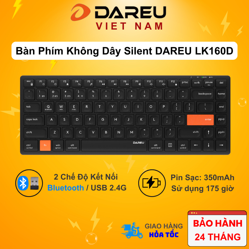 Bàn phím không dây DAREU LK160D Slim - giảm tiếng ồn (Dual Mode 2.4G + Buetooth, Pin Sạc 350mAh) | BigBuy360 - bigbuy360.vn