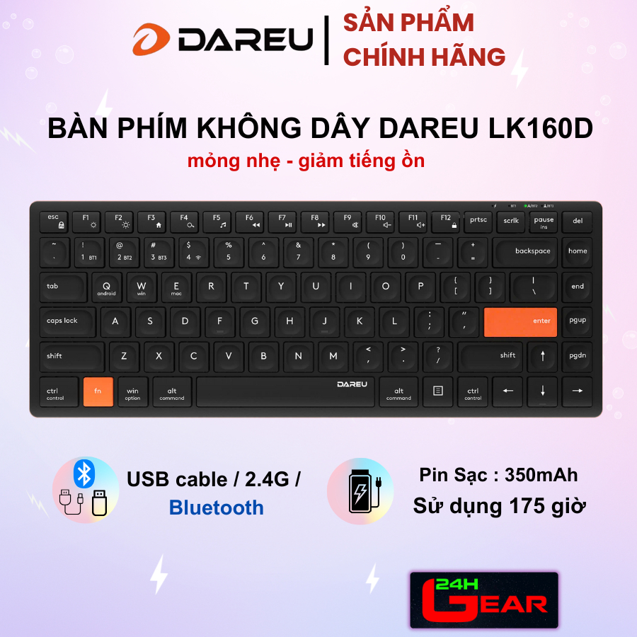 Bàn phím không dây DAREU LK160D mỏng nhẹ (Dual Mode, Scissor Switch giảm ồn) | BigBuy360 - bigbuy360.vn