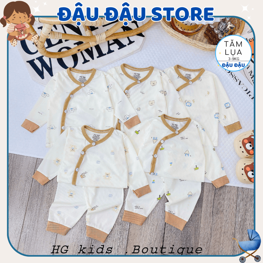Combo 5 Bộ dài tay tăm lạnh thu đông HG cho bé sơ sinh in hoạ tiết dễ thương mềm mịn 3-9kg Đậu Đậu Store TAML06