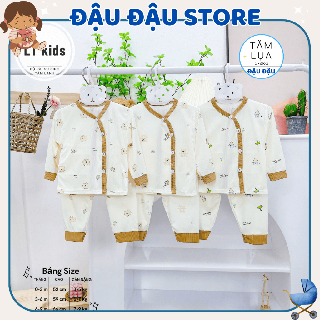 Combo 5 Bộ quần áo dài tay tăm lạnh cho bé sơ sinh từ 3-9 kg mặc mùa Thu Đông  LT in hoạ tiết Đậu Đậu Store TAML001