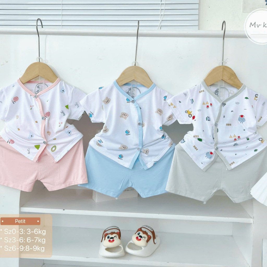 Combo 2/3 bộ cộc tay sơ sinh phối màu thun lạnh mềm mát in hình hoạ tiết cho bé sơ sinh 0-9 tháng [CL02] Đậu Đậu Store