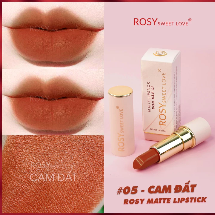 Son thỏi sáp ROSY SWEETLOVE hàng chính hãng, không chì, siêu lì, mềm môi, <MÀU CAM ĐẤT>