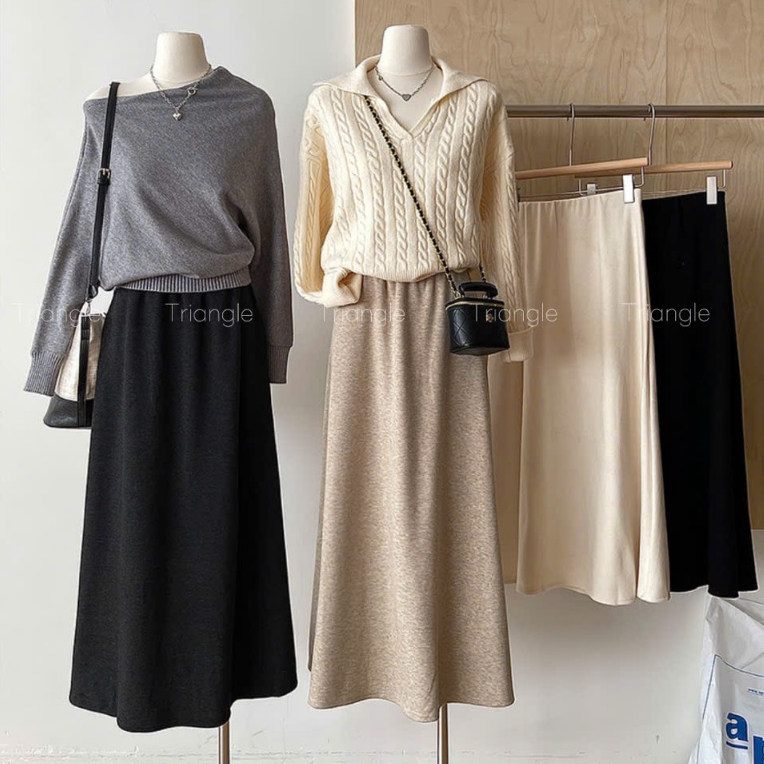 Triangle - (Giá thanh lý, không hoàn) Easy knitted skirt Chân váy len midi dáng A nhẹ nhàng Hàn Quốc