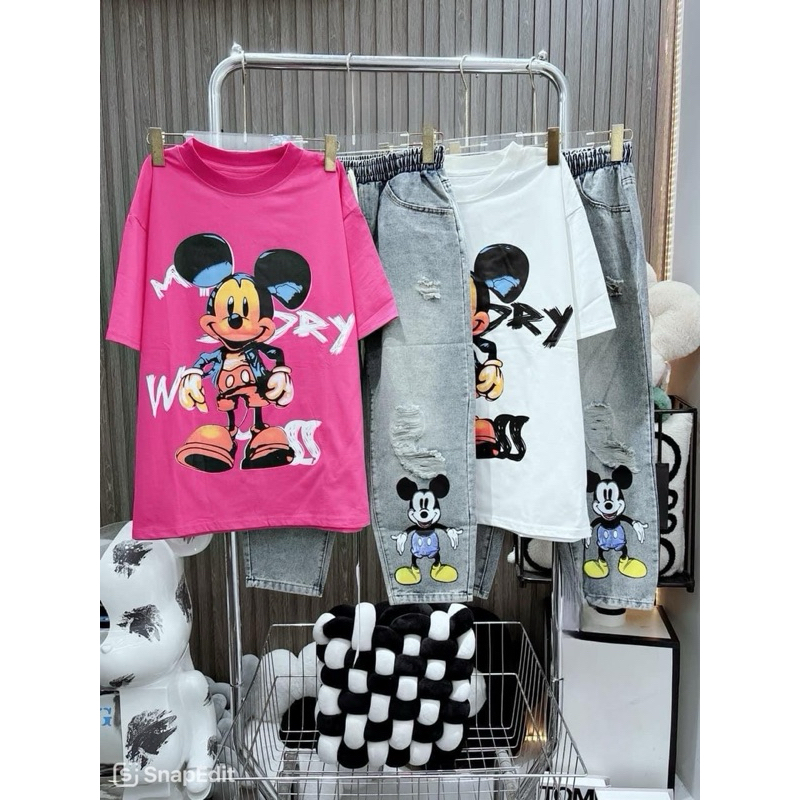 Sét quần jean dài bé gái baggy áo thun micky  cho mẹ và bé gái 16-60kg
