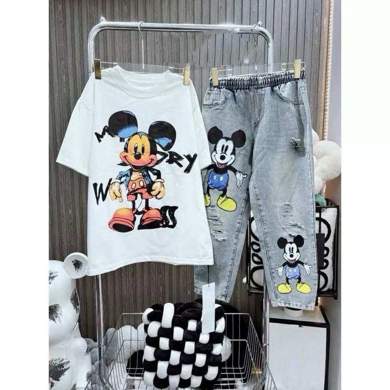 Sét quần jean dài bé gái baggy áo thun micky  cho mẹ và bé gái 16-60kg