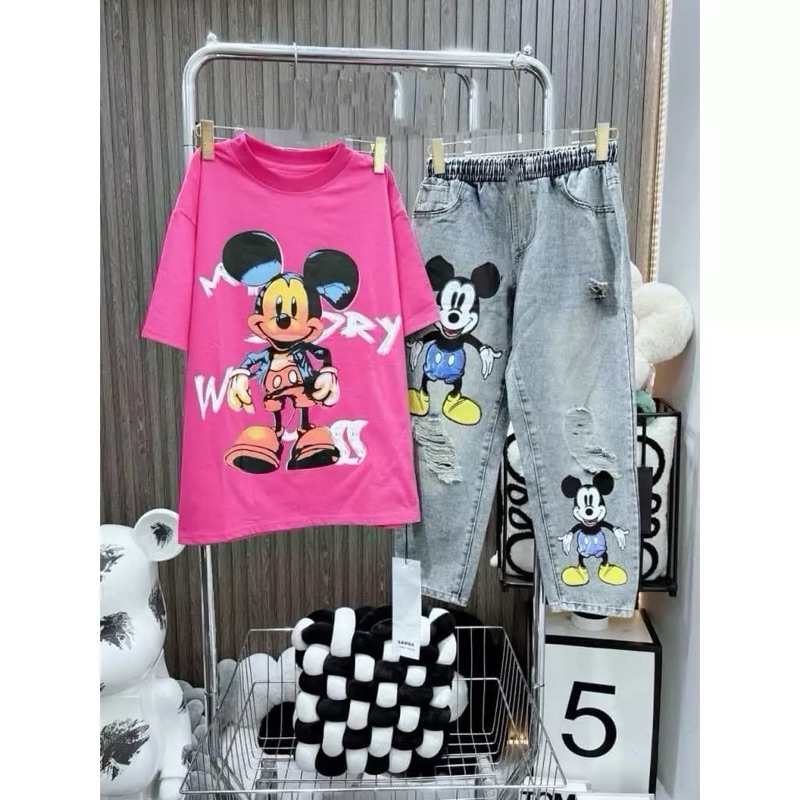 Sét quần jean dài bé gái baggy áo thun micky  cho mẹ và bé gái 16-60kg