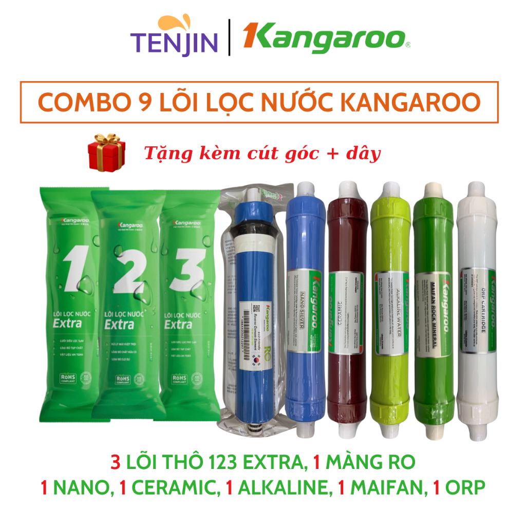 Combo 9 Lõi Lọc Nước Kangaroo 123 RO50GPD Nano Ceramic Alkaline Maifan ORP Cho Model KG109AKV, KG09A3, KGRP99, KG19A3...