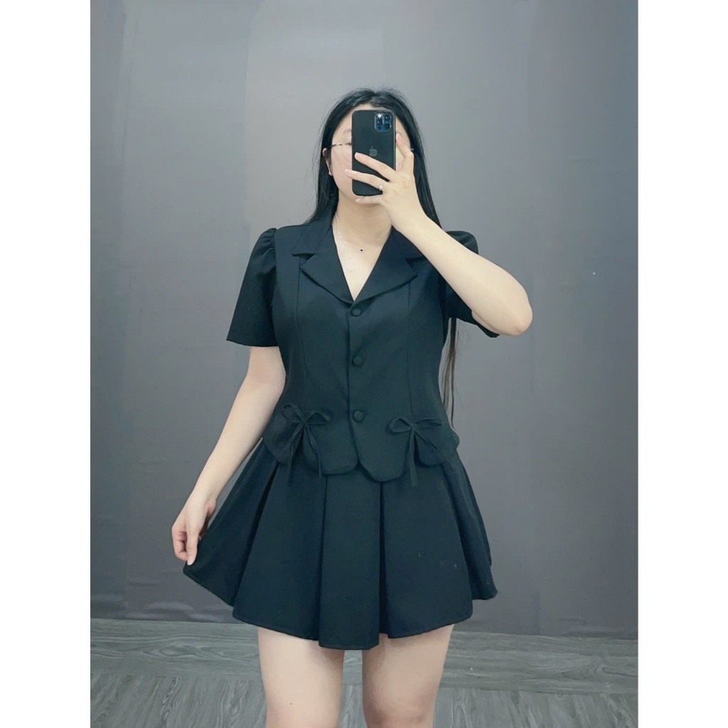 Bộ Đồ Vet CropTop Có Nơ Cúc Bọc Bigsize Cô Nhỏ Kết Hợp Với Chân Váy Xếp Ly Lưng Chun Sang Trọng Thanh Lịch SET72