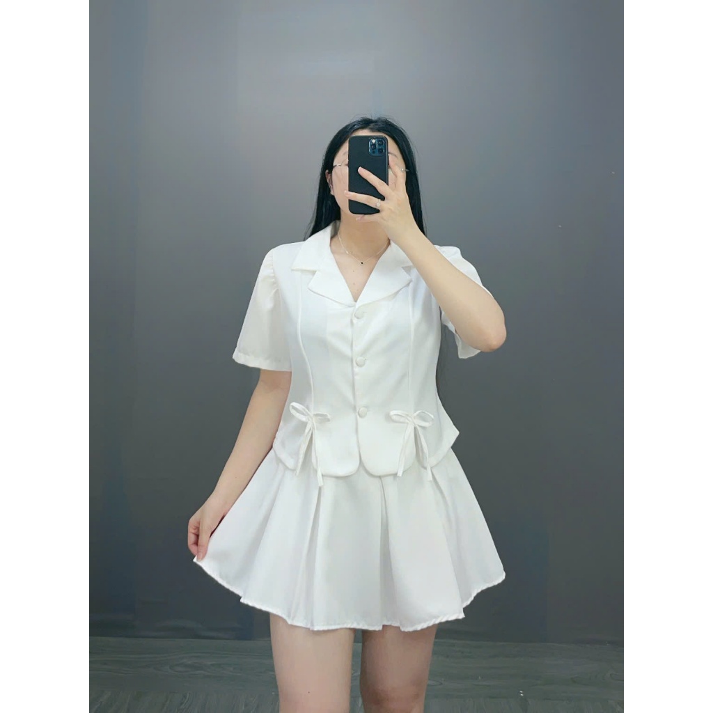 Bộ Đồ Vet CropTop Có Nơ Cúc Bọc Bigsize Cô Nhỏ Kết Hợp Với Chân Váy Xếp Ly Lưng Chun Sang Trọng Thanh Lịch SET72