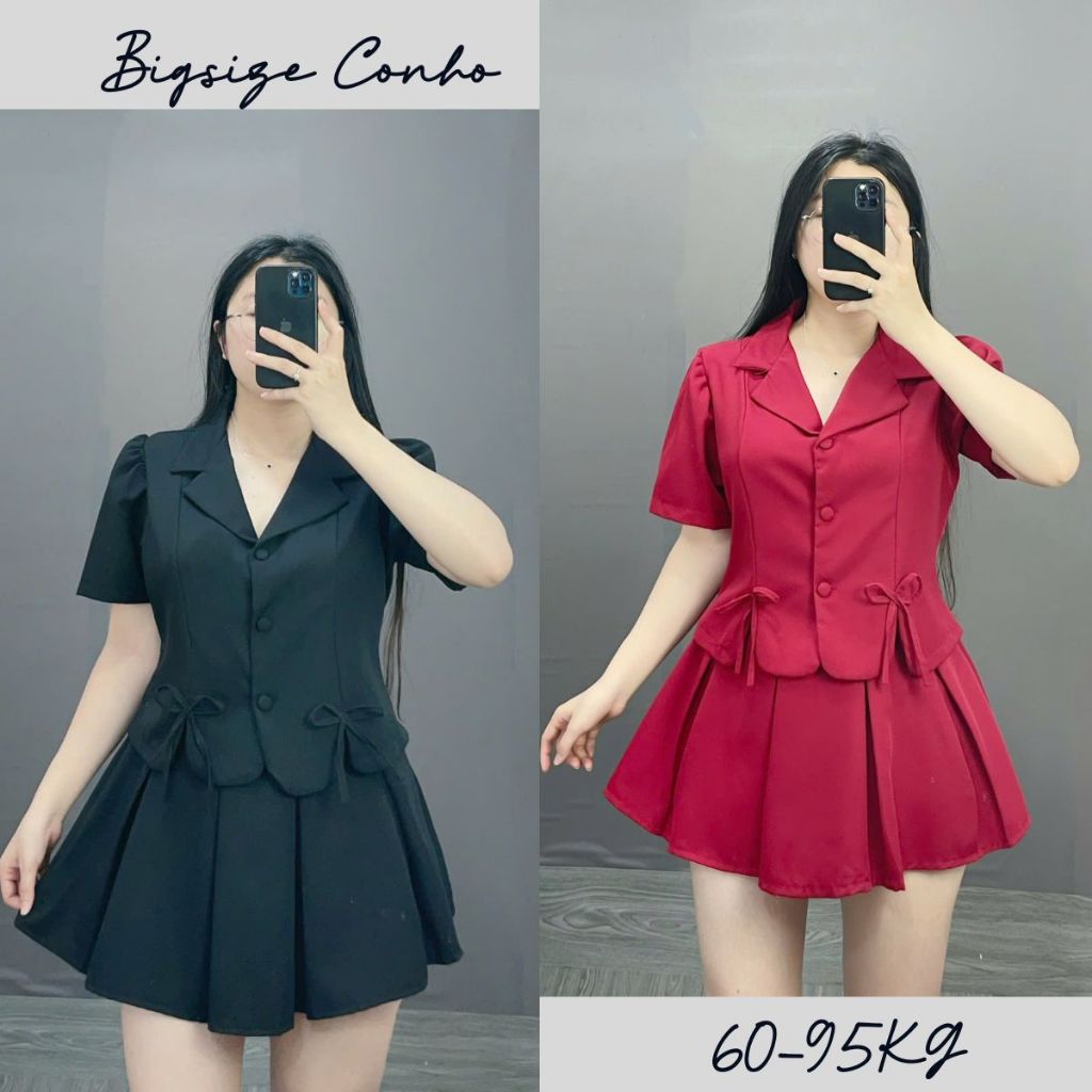 Bộ Đồ Vet CropTop Có Nơ Cúc Bọc Bigsize Cô Nhỏ Kết Hợp Với Chân Váy Xếp Ly Lưng Chun Sang Trọng Thanh Lịch SET72