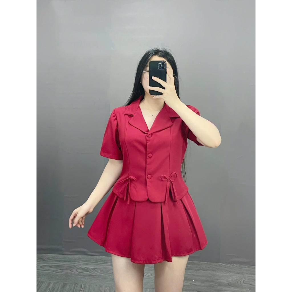 Bộ Đồ Vet CropTop Có Nơ Cúc Bọc Bigsize Cô Nhỏ Kết Hợp Với Chân Váy Xếp Ly Lưng Chun Sang Trọng Thanh Lịch SET72