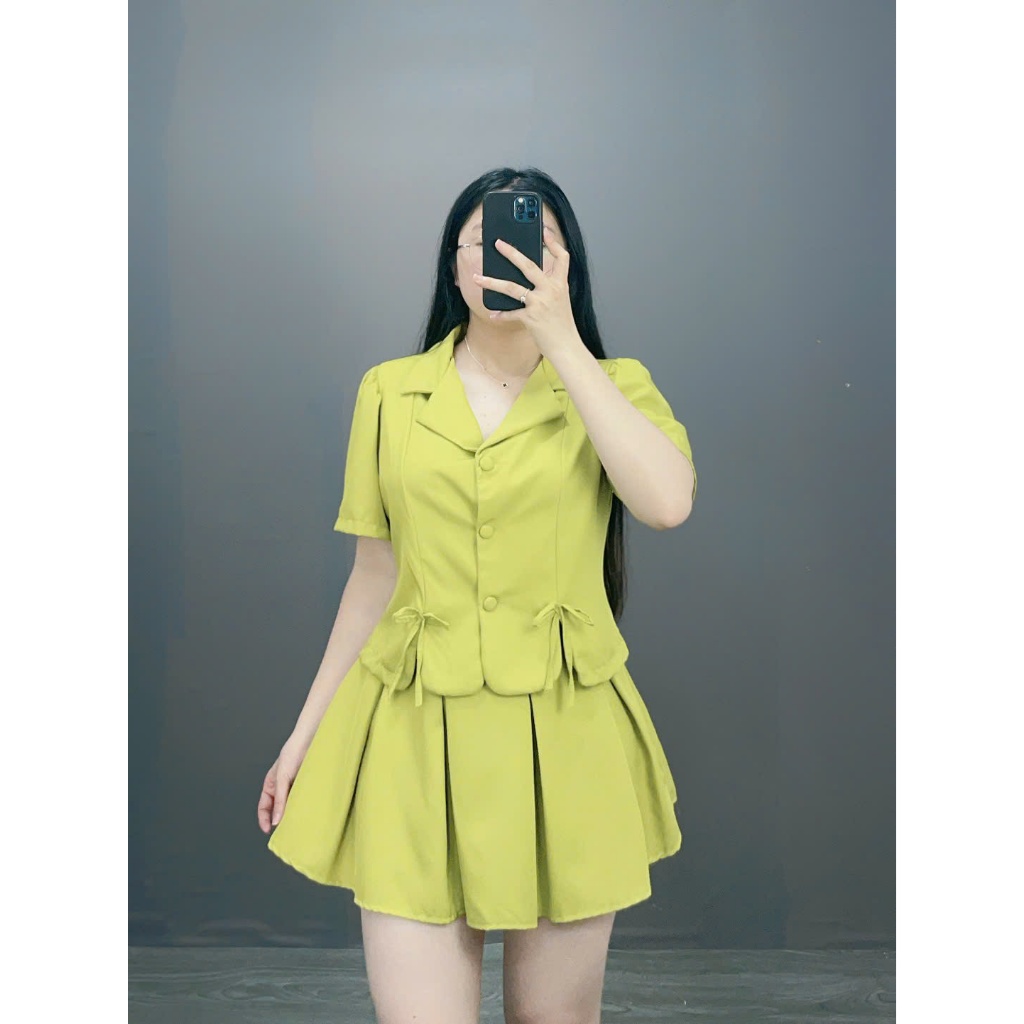 Bộ Đồ Vet CropTop Có Nơ Cúc Bọc Bigsize Cô Nhỏ Kết Hợp Với Chân Váy Xếp Ly Lưng Chun Sang Trọng Thanh Lịch SET72