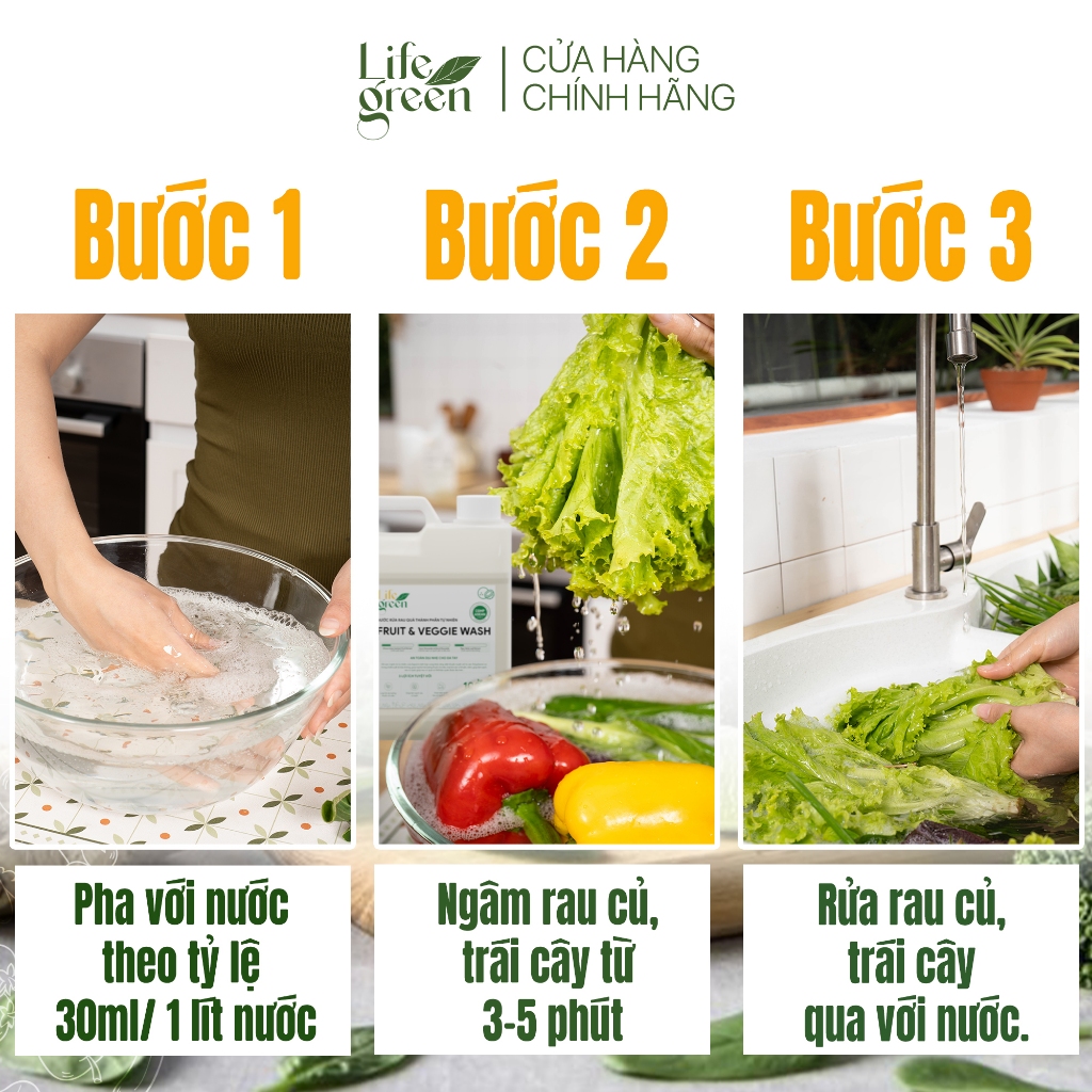 Chai Lớn Tiết Kiệm Nước Rửa Rau Củ Quả Sinh Học Life Green - Loại Bỏ Bụi Bẩn Hóa Chất Trong Thực Phẩm - 1800ML