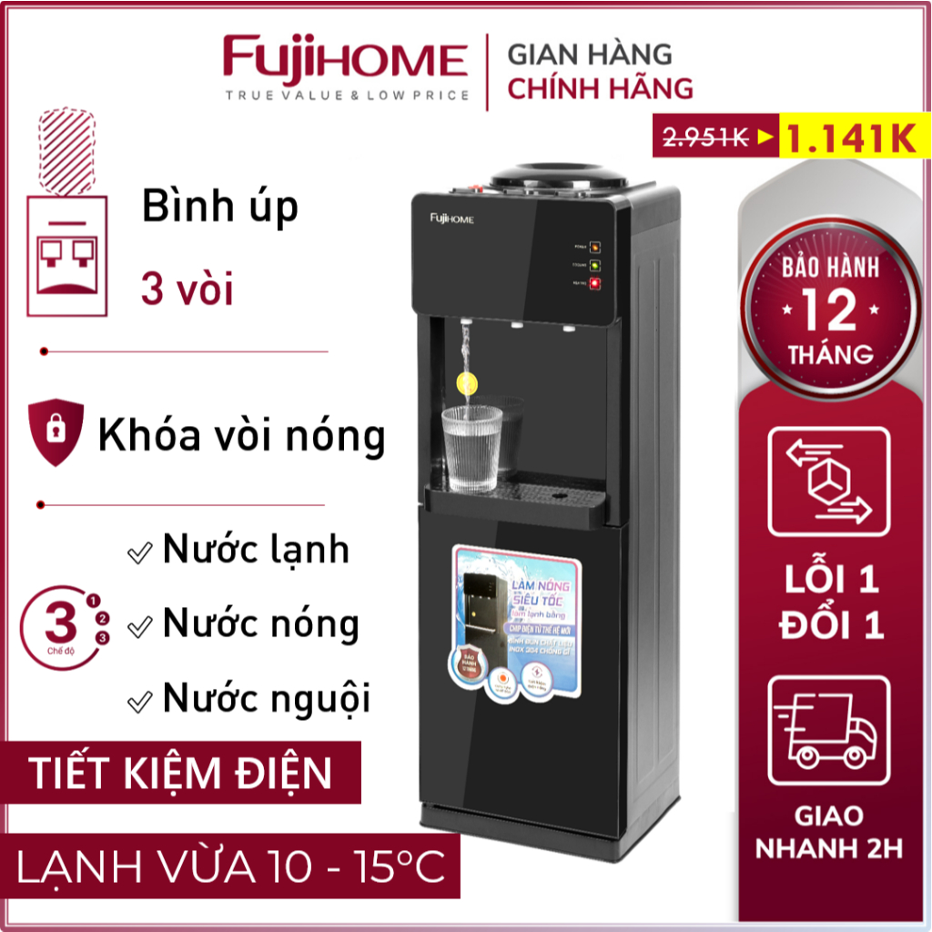 Cây nước nóng lạnh Fujihome WD61E 3 vòi làm nóng lạnh bằng chíp điện tử có khóa trẻ em, bảo hành 12 tháng toàn quốc