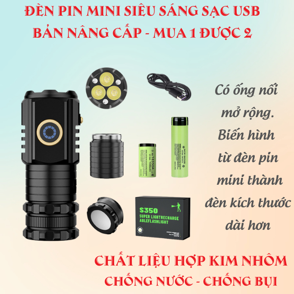 Đèn Pin Mini Siêu Sáng Sạc USB Bản Nâng Cấp - Mua 1 Được Thành 2 Đèn ...
