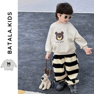 Áo nỉ cho bé Batala Kids, Áo SWEATER nỉ bông cho bé trai bé gái GHI XÁM in hình chú MẶT GẤU NÂU thu đông 2024