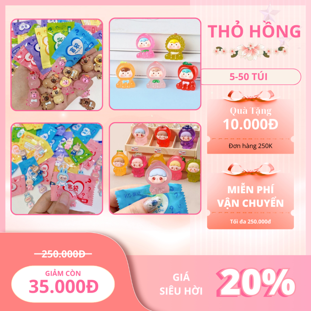 Combo 5-50 Túi Mù Charm Chai, Đồ Ăn, Phát Sáng, túi mù labubu, koromi, cappybara giá rẻ loại lớn