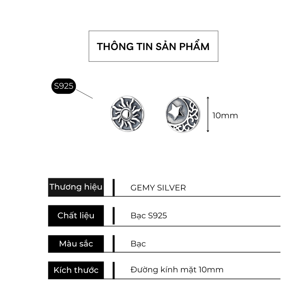 Khuyên tai thanh thẳng nam bạc thái chạm khắc họa tiết mặt trời, mặt trăng Basic Moon Sun (1 chiếc) KN140 | GEMY SILVER