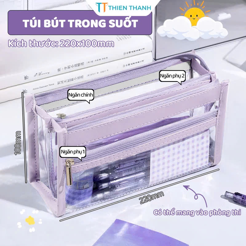 Túi Đựng Bút Trong Suốt Màu Pastel, Túi Bút Nhiều Ngăn Siêu Xinh Đựng Đồ Dùng Học Tập