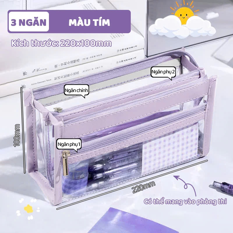 Túi Đựng Bút Trong Suốt Màu Pastel, Túi Bút Nhiều Ngăn Siêu Xinh Đựng Đồ Dùng Học Tập