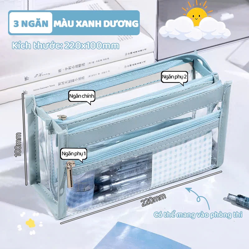 Túi Đựng Bút Trong Suốt Màu Pastel, Túi Bút Nhiều Ngăn Siêu Xinh Đựng Đồ Dùng Học Tập