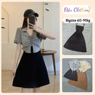 Đầm Bigsize Nữ, Set 2 Món Váy Hai Dây Kèm Áo Thun Khoác Ngoài Vải Thun Gân Co Giãn