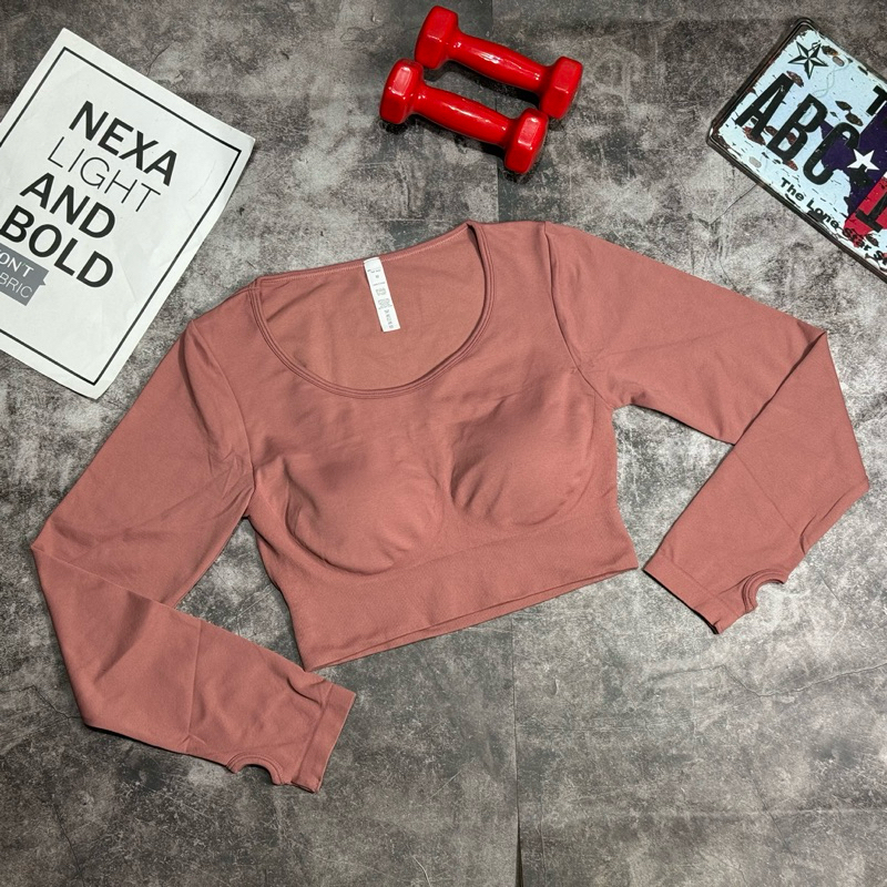Áo croptop dài tay tập gym,yoga lưng kín chất dệt 8% spandex cao cấp GB206