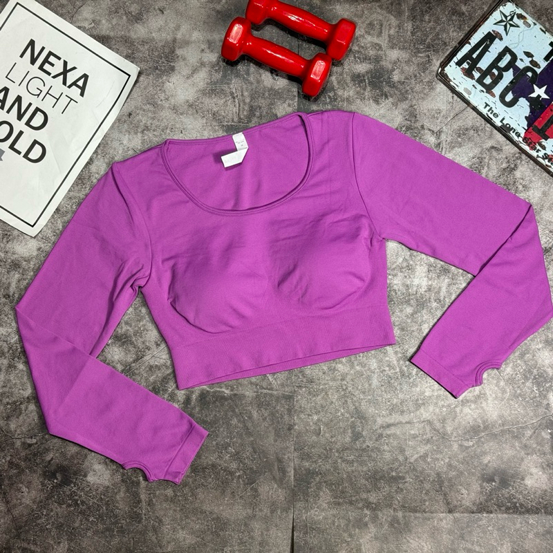 Áo croptop dài tay tập gym,yoga lưng kín chất dệt 8% spandex cao cấp GB206
