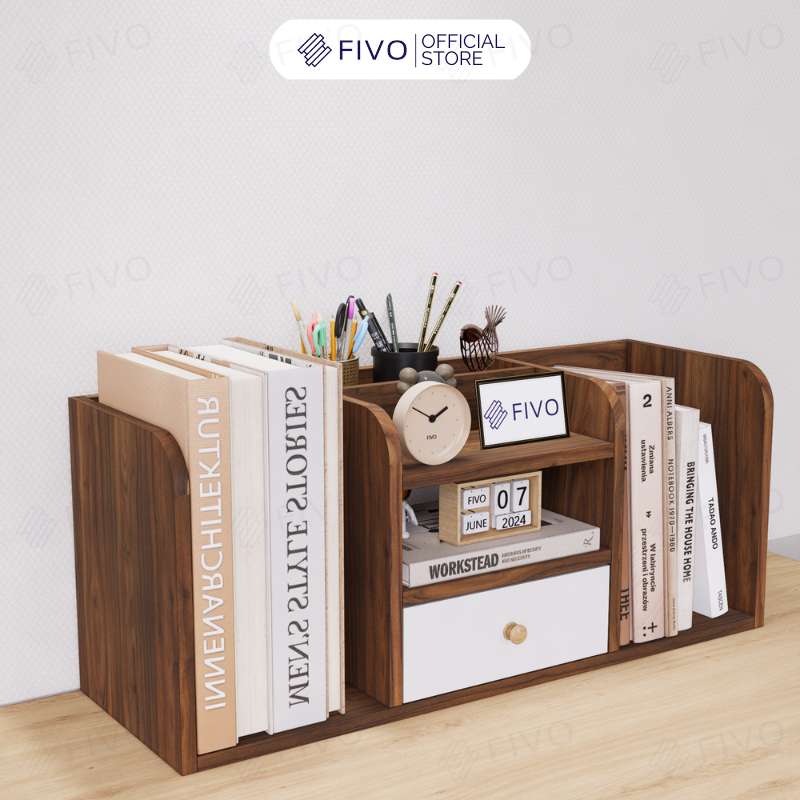 Ảnh Kệ Sách Gỗ Đẹp Để Bàn FIVO FB26 Cao Cấp Màu Gỗ Và Walnut, Có Hộc, Tiết Kiệm Diện Tích, Bo Góc Thẩm Mĩ 1