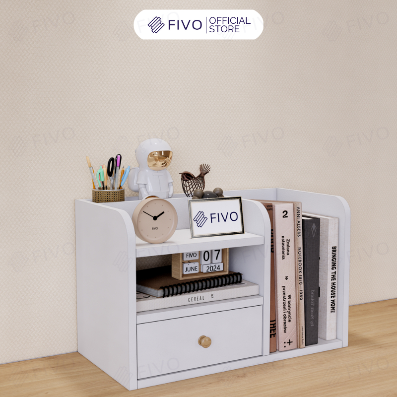 Ảnh Kệ Sách Gỗ Mini Để Bàn FIVO FB26 Cao Cấp Màu Trắng Và Xám, Có Hộc, Tiết Kiệm Diện Tích, Bo Góc Thẩm Mĩ 1