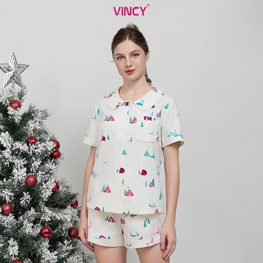 Ảnh Bộ pijama short chất kate cổ lá sen, họa tiết cho Noel BSK050W33 2