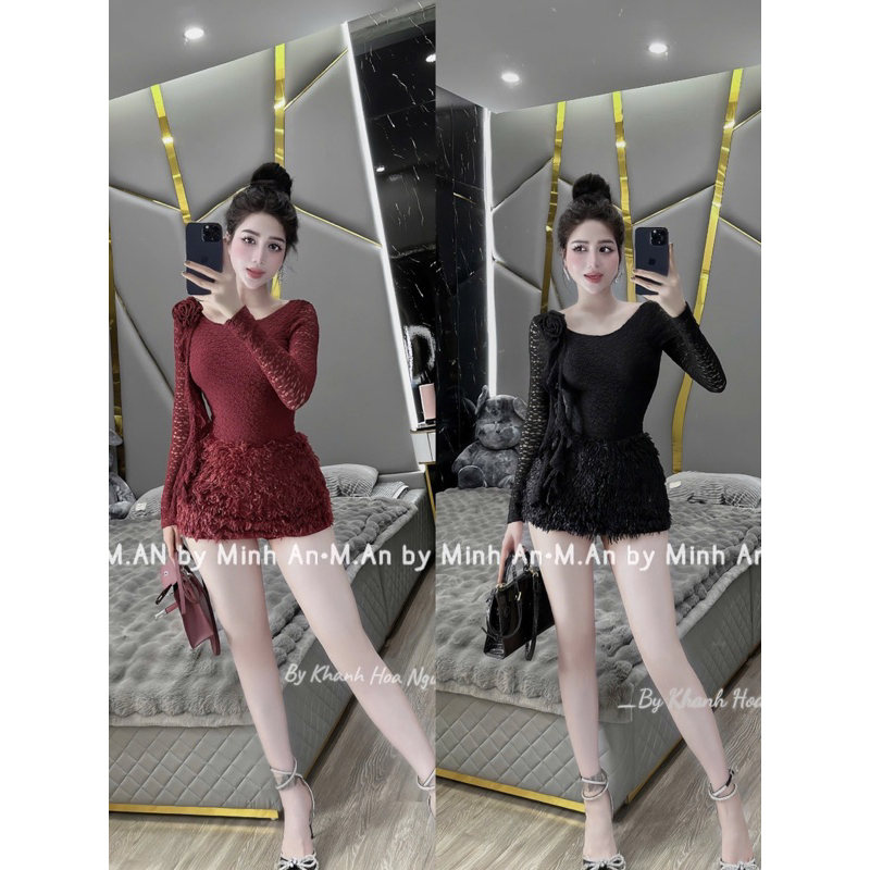 Set áo ren dài tay đính hoa vai mix chân váy lông ôm body