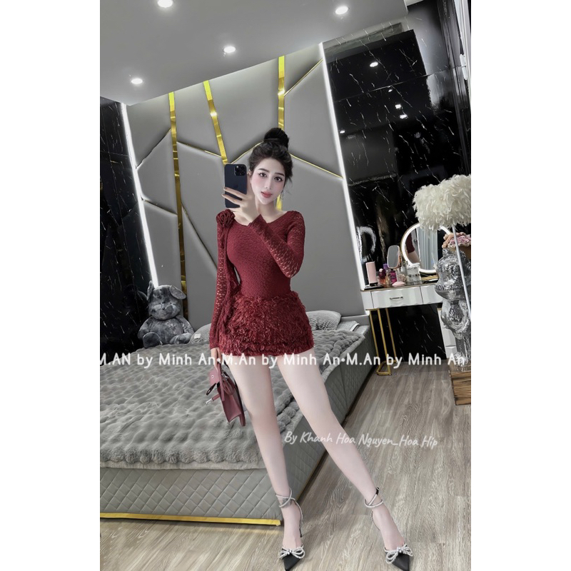 Set áo ren dài tay đính hoa vai mix chân váy lông ôm body